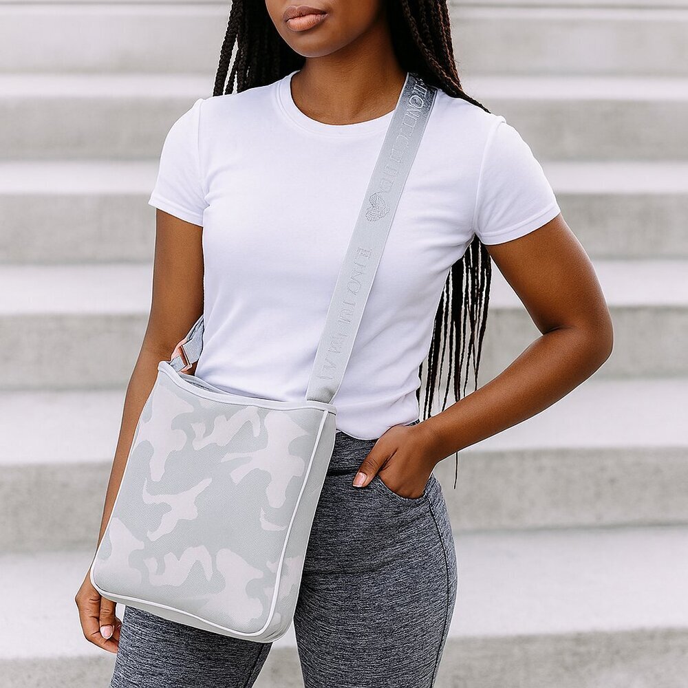 PreneLOVE Grey Camo Neoprene Crossbody Bag – Yellow Lining, Adjustable Strap
